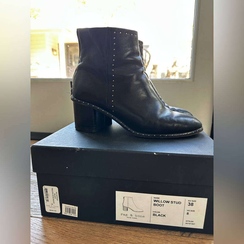 Rag and Bone Black Willow Stud Boot Leather Ankle Booties US 8/EU 38